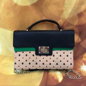 NWOT Green, Black & Straw Polka Dot Satchel